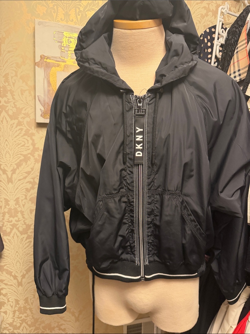 DKNY Black Hooded Windbreaker with Contrast Trim